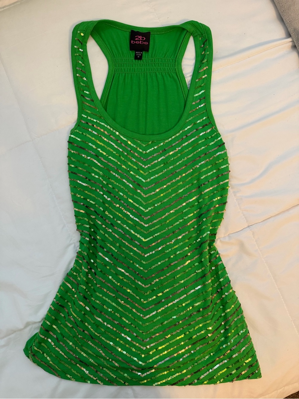 bebe Green Sequin Stripe Racerback Tank
